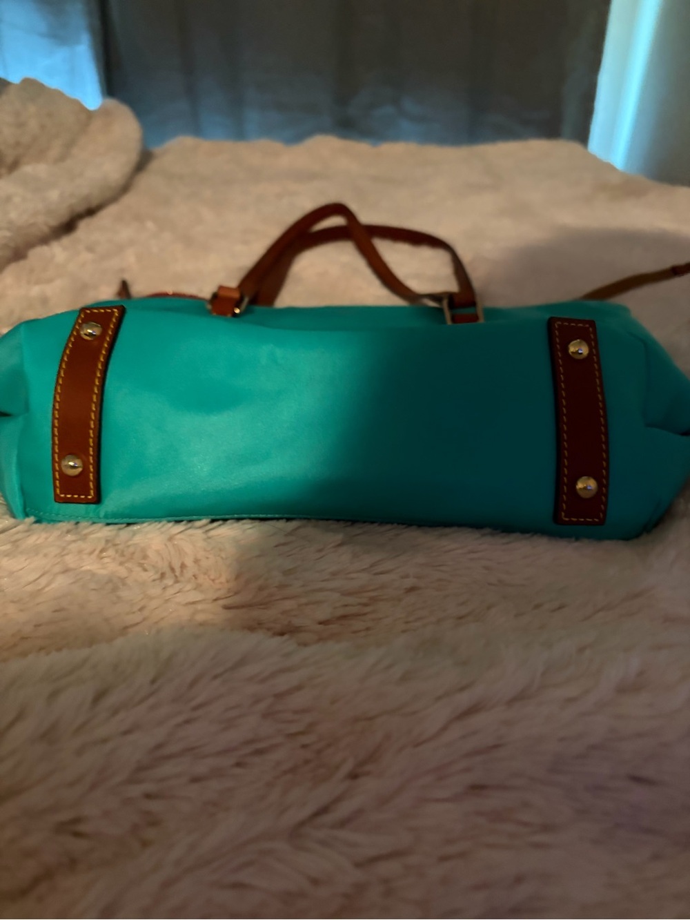 Dooney & Bourke Turquoise Nylon Tote with Brown Leather Trim - Picture 5 of 9